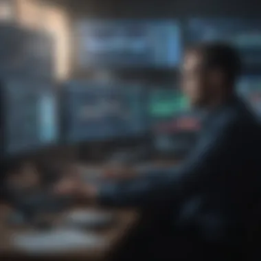 Professional trader analyzing data on multiple screens