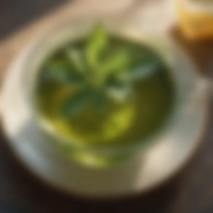 Close-up of green tea leaves in a sunlight-dappled teacup