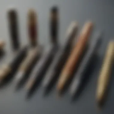 Elegant display of various high-end writing instruments on a polished surface
