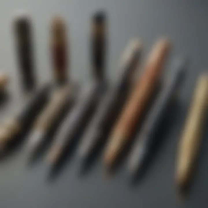Elegant display of various high-end writing instruments on a polished surface