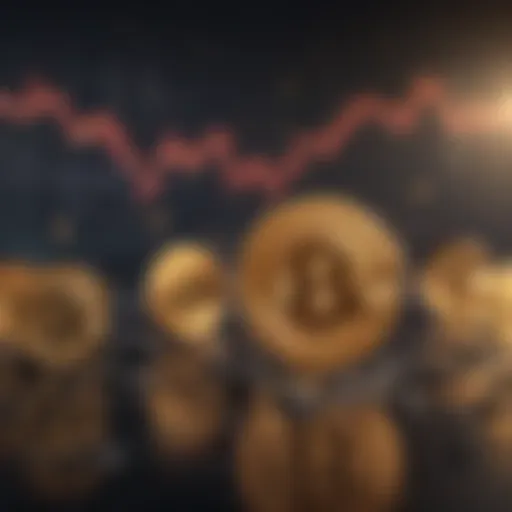 Cryptocurrency Symbols and Economic Volatility A digital representation of cryptocurrency symbols floating amidst economic graphs showing volatility.