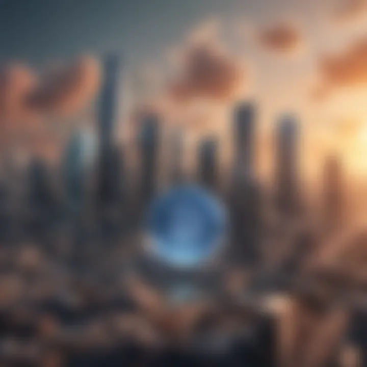 Illustration of a futuristic city skyline with digital currency symbols floating in the air