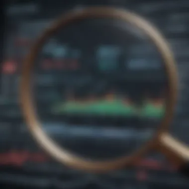 Magnifying glass focusing on stock market data