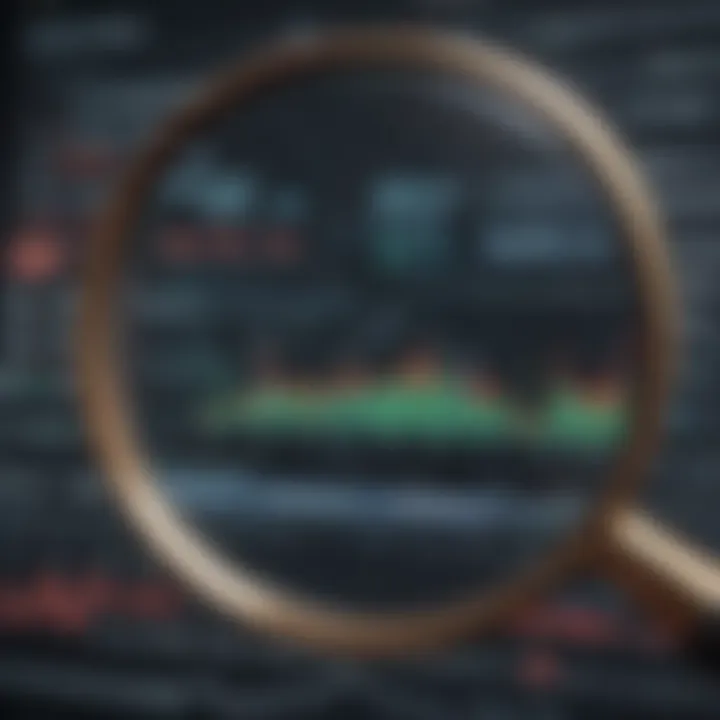 Magnifying glass focusing on stock market data