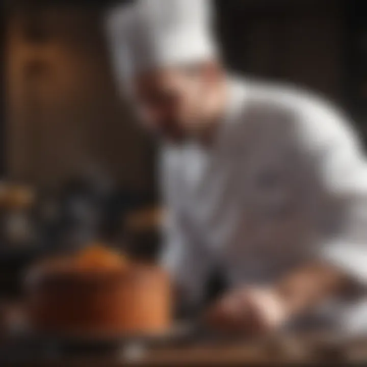A chef meticulously decorating a cake
