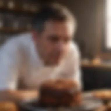 A disappointed chef looking at a burnt cake