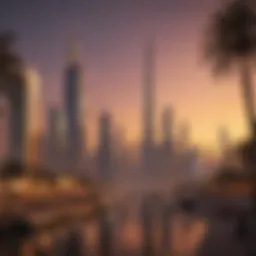 Dubai skyline at sunset with illuminated buildings
