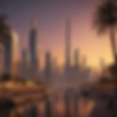 Dubai skyline at sunset with illuminated buildings