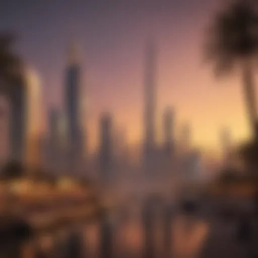 Dubai skyline at sunset with illuminated buildings