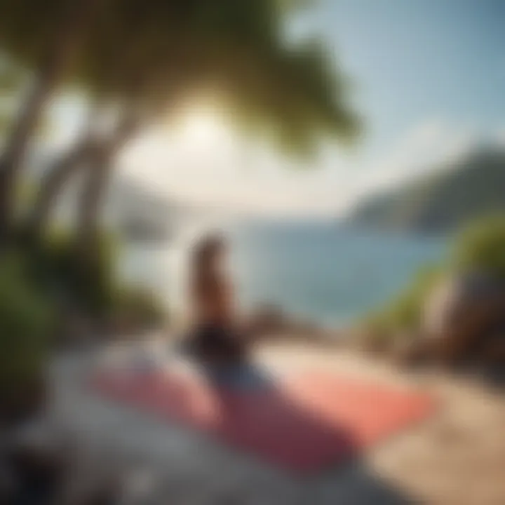 A peaceful coastal scene emphasizing wellness with yoga and meditation by the sea.