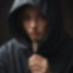 Enigmatic figure clad in shadows, holding a paintbrush
