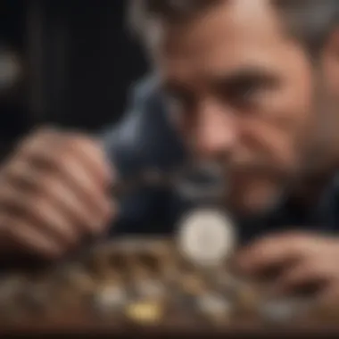 Collector examining rare coins under magnifying glass