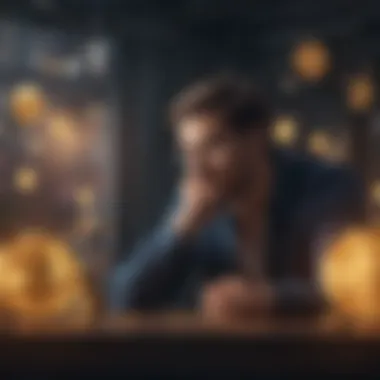 A thoughtful investor contemplating financial decisions with digital currency icons around