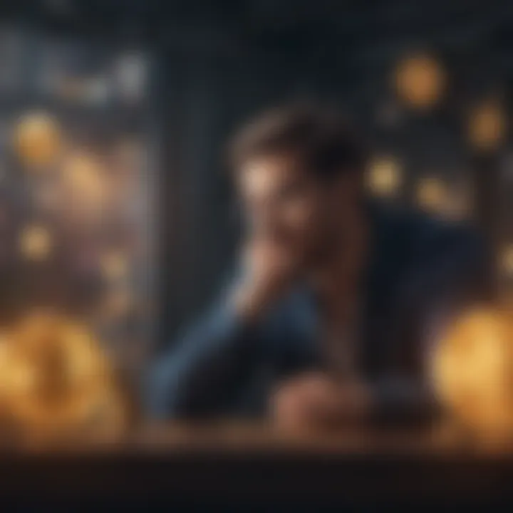 A thoughtful investor contemplating financial decisions with digital currency icons around