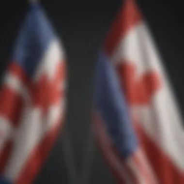 Two intertwined flags of Canada and the United States