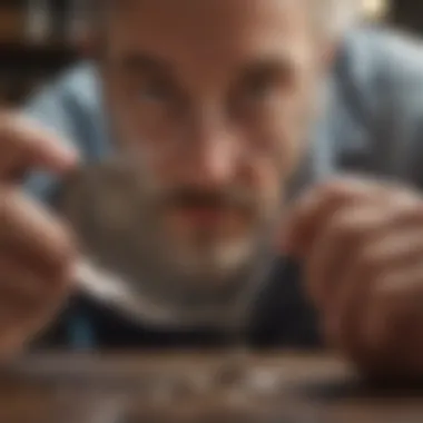 Collector Analyzing a Unique Coin An enthusiastic collector examining a coin through a magnifying glass