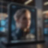 Futuristic Digital Artwork Showcase Unique digital artwork displayed on futuristic holographic screen