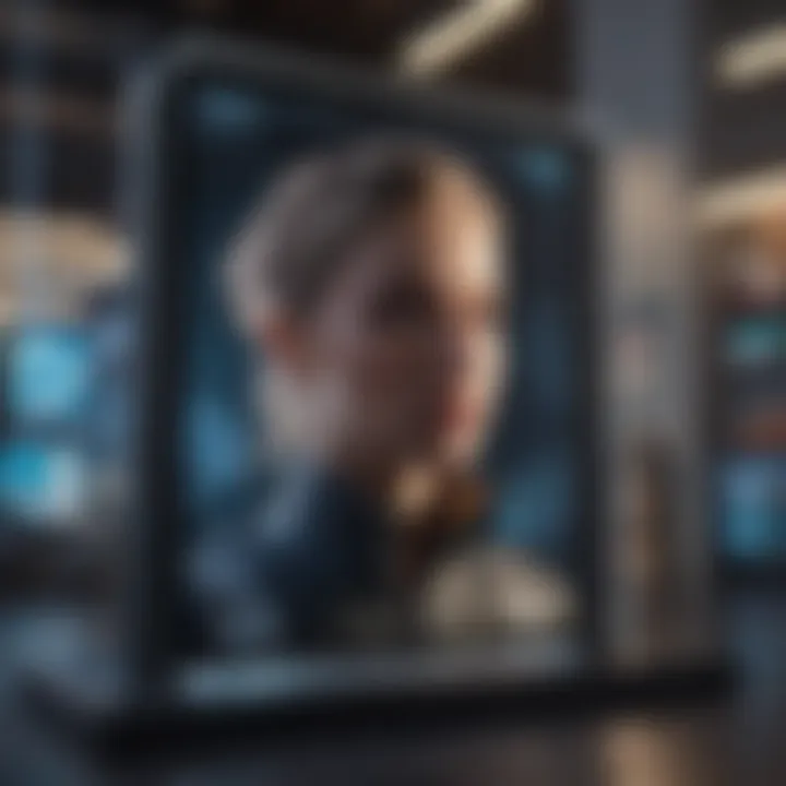 Futuristic Digital Artwork Showcase Unique digital artwork displayed on futuristic holographic screen