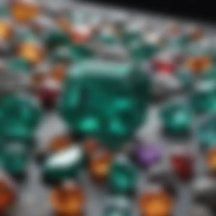 Close-up of an emerald surrounded by various gemstones
