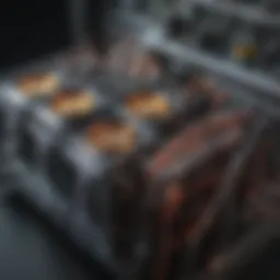 A detailed view of a cryptocurrency mining rig with multiple GPUs