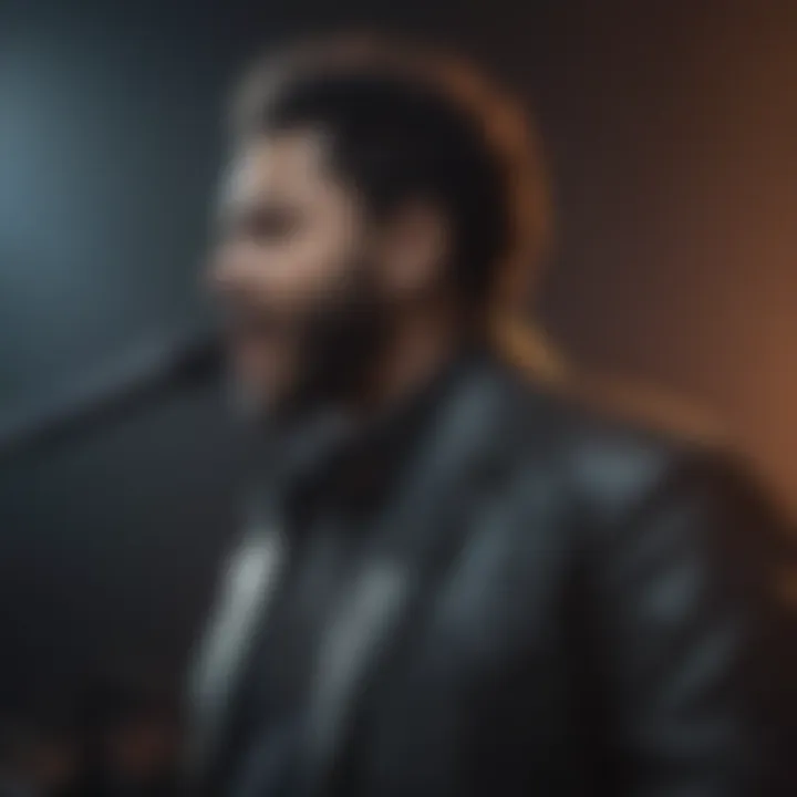 The Weeknd performing passionately, engaging with the audience during a live concert