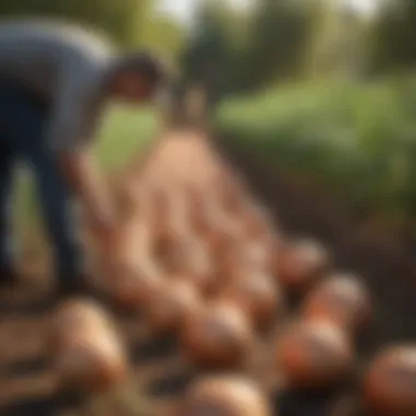 Quality Inspection of Onion Crops Farmers inspecting onion crops for quality and yield