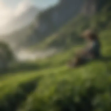 Green tea being harvested on a misty mountainside