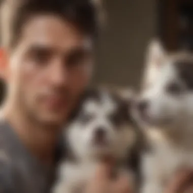 Ethical Breeder with Husky Puppies Ethical Husky breeder showing puppies to potential owners