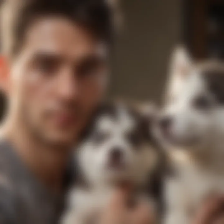 Ethical Breeder with Husky Puppies Ethical Husky breeder showing puppies to potential owners