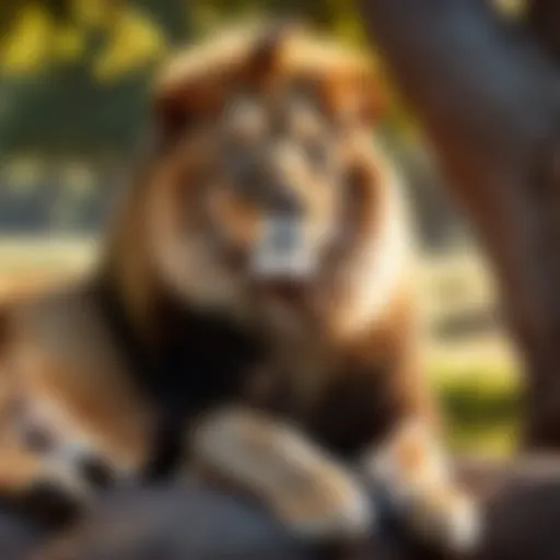 Majestic lazy lion resting under a tree
