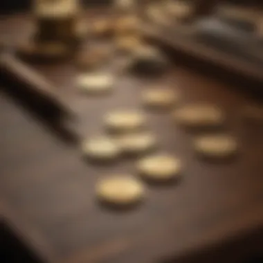 Luxurious wooden desk adorned with gold sovereign coins and high-end pen