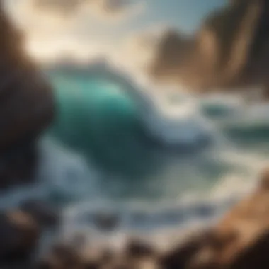 Artistic depiction of powerful ocean waves crashing against rocks
