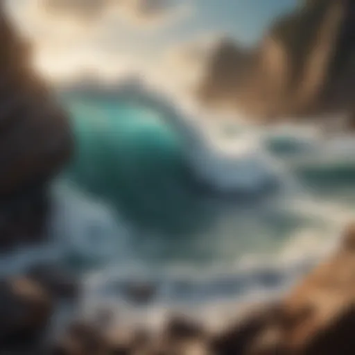 Artistic depiction of powerful ocean waves crashing against rocks