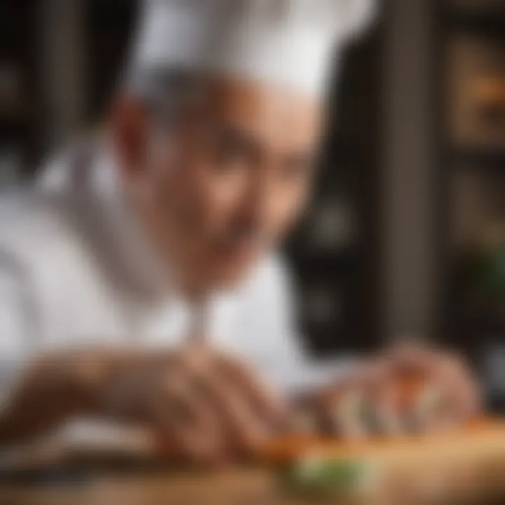 Sushi chef meticulously crafting a premium roll