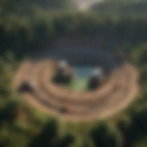 Aerial view of a mining site surrounded by lush green forests