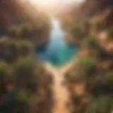 Aerial view of lush oasis surrounded by desert