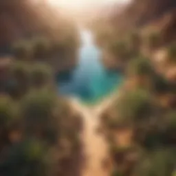 Aerial view of lush oasis surrounded by desert