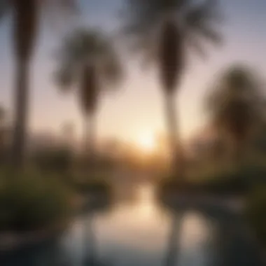 Mirrored Majesty: Date Palms at Twilight Reflection of towering date palms in crystal-clear oasis water