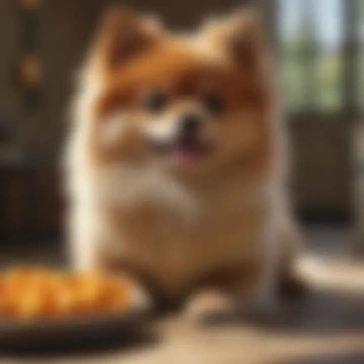 Pomeranian with Toy and Food Bowls Pomeranian with toy and food bowls