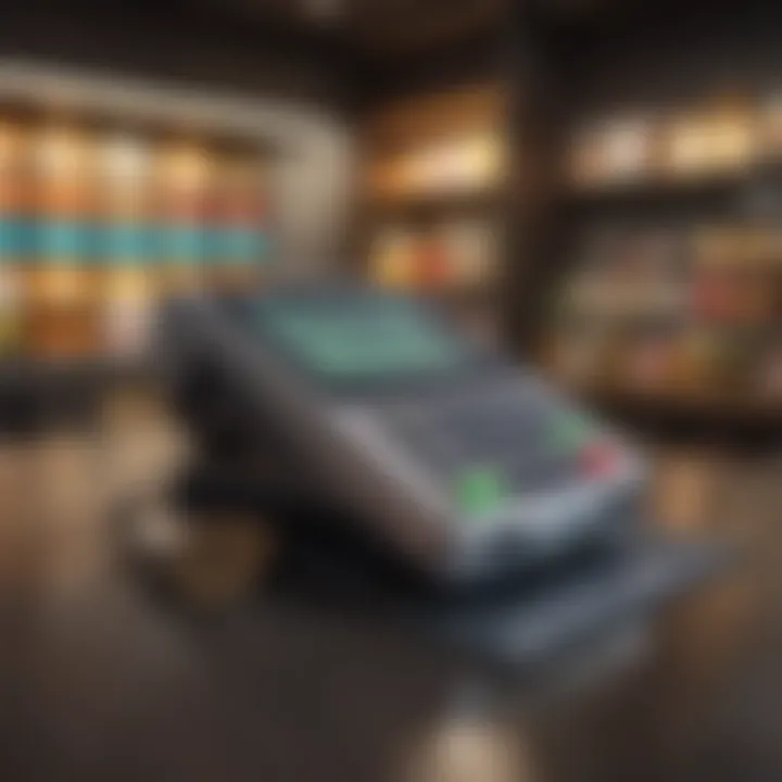 A conceptual image depicting a retail store with a digital payment terminal accepting cryptocurrency.