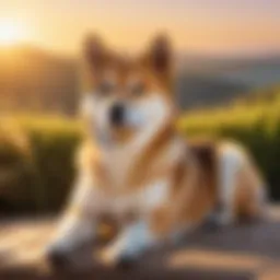 A serene landscape with a Shiba Inu puppy gazing at the sunset