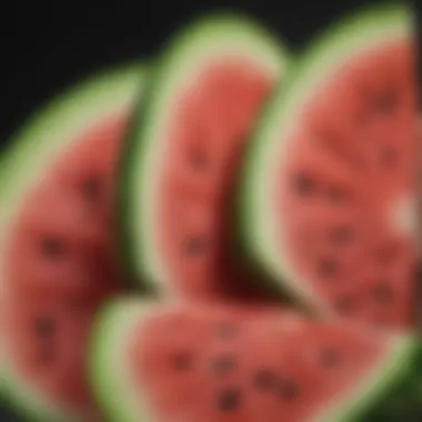 An artistic close-up of sliced watermelon with mint garnish