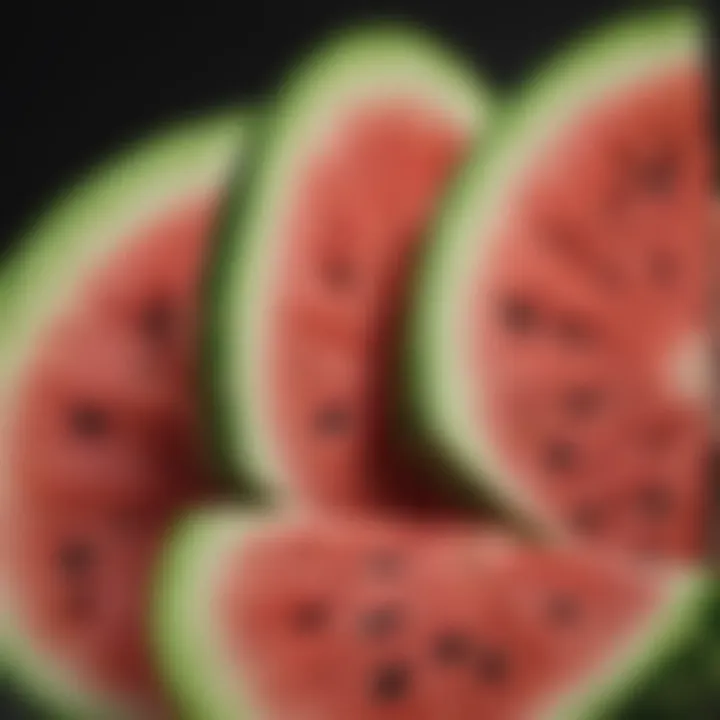 An artistic close-up of sliced watermelon with mint garnish