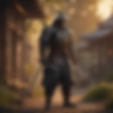 An artistic representation of a ronin standing against a sunset.