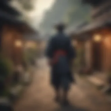 A historical illustration depicting a ronin wandering through a traditional Japanese village.