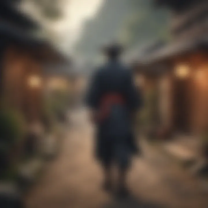 A historical illustration depicting a ronin wandering through a traditional Japanese village.