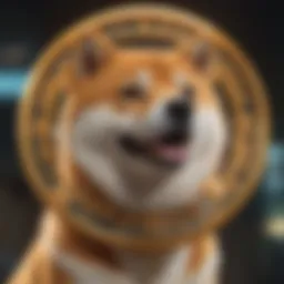 A futuristic depiction of the Shiba Inu cryptocurrency logo surrounded by digital elements