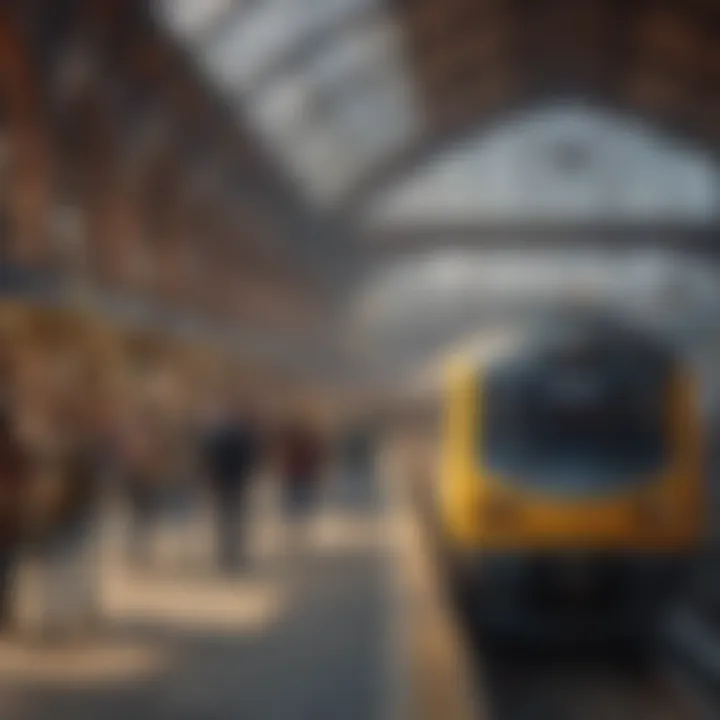 Train station platform bustling with travelers