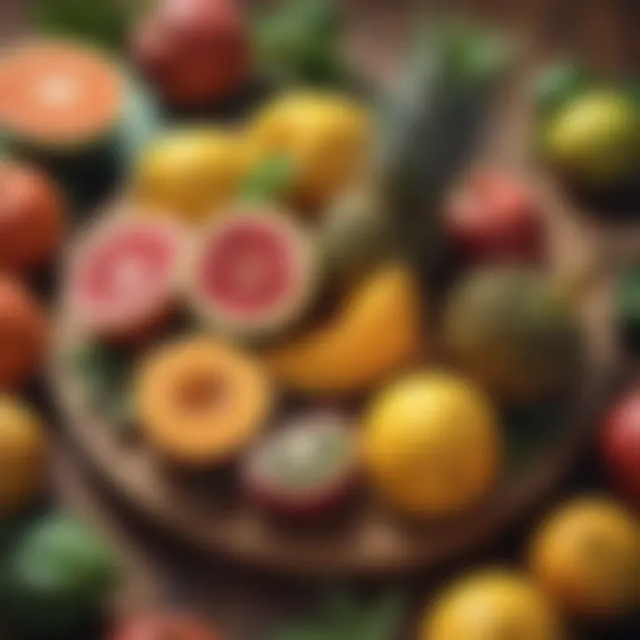 A vibrant assortment of tropical fruits displayed on a wooden platter