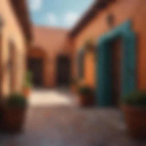 A serene traditional Mexican courtyard with decorative tiles